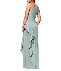Xscape Petite Size One Shoulder Side Ruffle Scuba Crepe Gown
