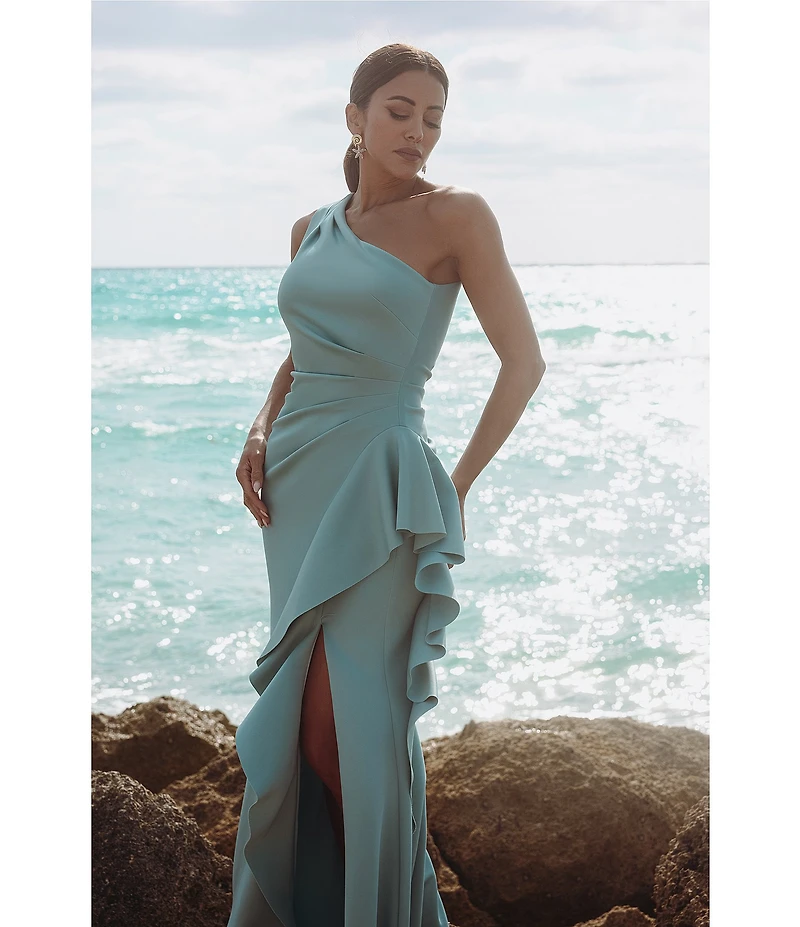 Xscape Petite Size One Shoulder Side Ruffle Scuba Crepe Gown