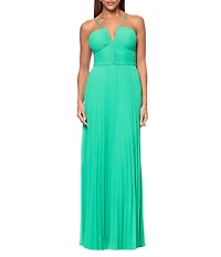 Xscape Petite Size Pleated Chiffon Split V-Neck Sleeveless A-Line Long Gown