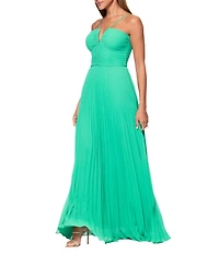 Xscape Petite Size Pleated Chiffon Split V-Neck Sleeveless A-Line Long Gown