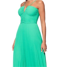 Xscape Petite Size Pleated Chiffon Split V-Neck Sleeveless A-Line Long Gown
