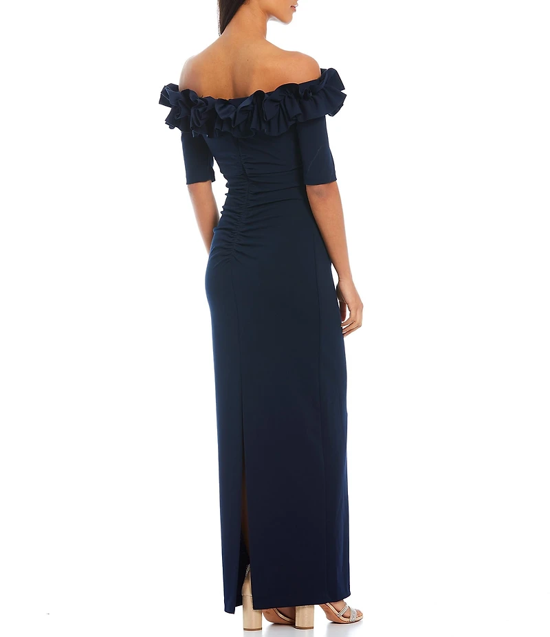Xscape Petite Size Ruffled Off-the-Shoulder Short Sleeve Crepe Sheath Gown