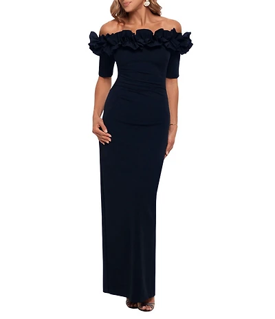 Xscape Petite Size Ruffled Off-the-Shoulder Short Sleeve Crepe Sheath Gown