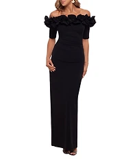 Xscape Petite Size Ruffled Off-the-Shoulder Short Sleeve Crepe Sheath Gown