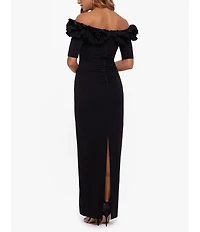 Xscape Petite Size Ruffled Off-the-Shoulder Short Sleeve Crepe Sheath Gown