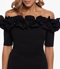 Xscape Petite Size Ruffled Off-the-Shoulder Short Sleeve Crepe Sheath Gown