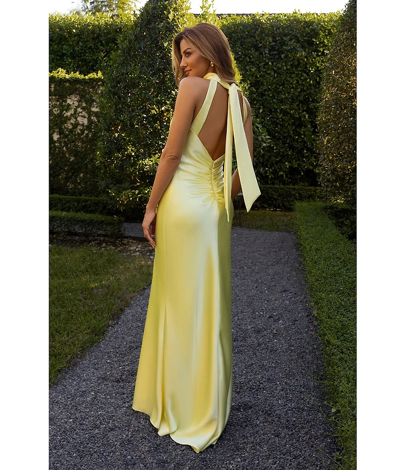 Xscape Petite Size Satin Mock Halter Tie Neck Sleeveless Gown