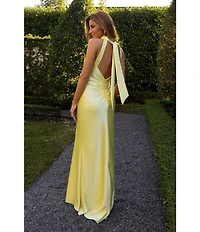 Xscape Petite Size Satin Mock Halter Tie Neck Sleeveless Gown