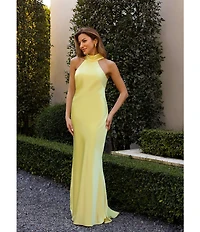 Xscape Petite Size Satin Mock Halter Tie Neck Sleeveless Gown