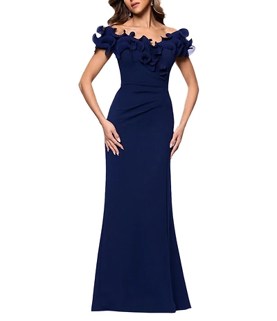 Xscape Petite Size Scuba Crepe Ruffle Off The Shoulder Neck Ruched Gown