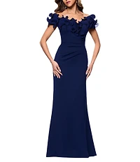 Xscape Petite Size Scuba Crepe Ruffle Off The Shoulder Neck Ruched Gown