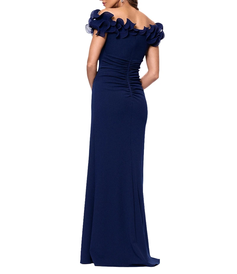 Xscape Petite Size Scuba Crepe Ruffle Off The Shoulder Neck Ruched Gown