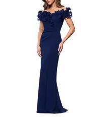 Xscape Petite Size Scuba Crepe Ruffle Off The Shoulder Neck Ruched Gown