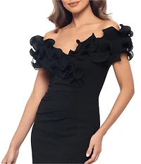 Xscape Petite Size Scuba Crepe V-Neck Sleeveless Wire Ruffle Trim Ruched Back Dress
