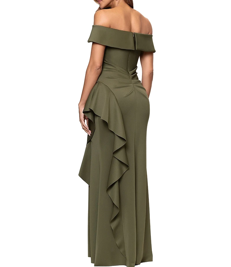 Xscape Petite Size Scuba Straight Neck Off The Shoulder Cascade Ruffle Gown