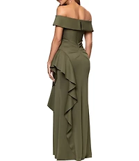 Xscape Petite Size Scuba Straight Neck Off The Shoulder Cascade Ruffle Gown