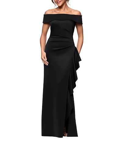 Xscape Petite Size Scuba Straight Neck Off The Shoulder Cascade Ruffle Gown