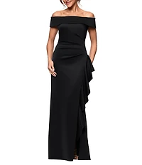 Xscape Petite Size Scuba Straight Neck Off The Shoulder Cascade Ruffle Gown
