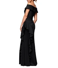 Xscape Petite Size Scuba Straight Neck Off The Shoulder Cascade Ruffle Gown