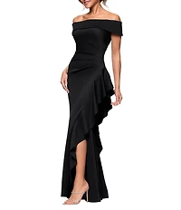 Xscape Petite Size Scuba Straight Neck Off The Shoulder Cascade Ruffle Gown