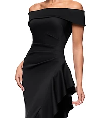 Xscape Petite Size Scuba Straight Neck Off The Shoulder Cascade Ruffle Gown