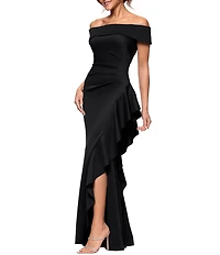 Xscape Petite Size Scuba Straight Neck Off The Shoulder Cascade Ruffle Gown
