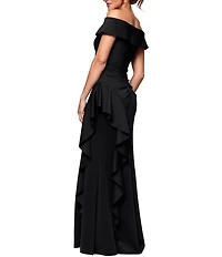 Xscape Petite Size Scuba Straight Neck Off The Shoulder Cascade Ruffle Gown