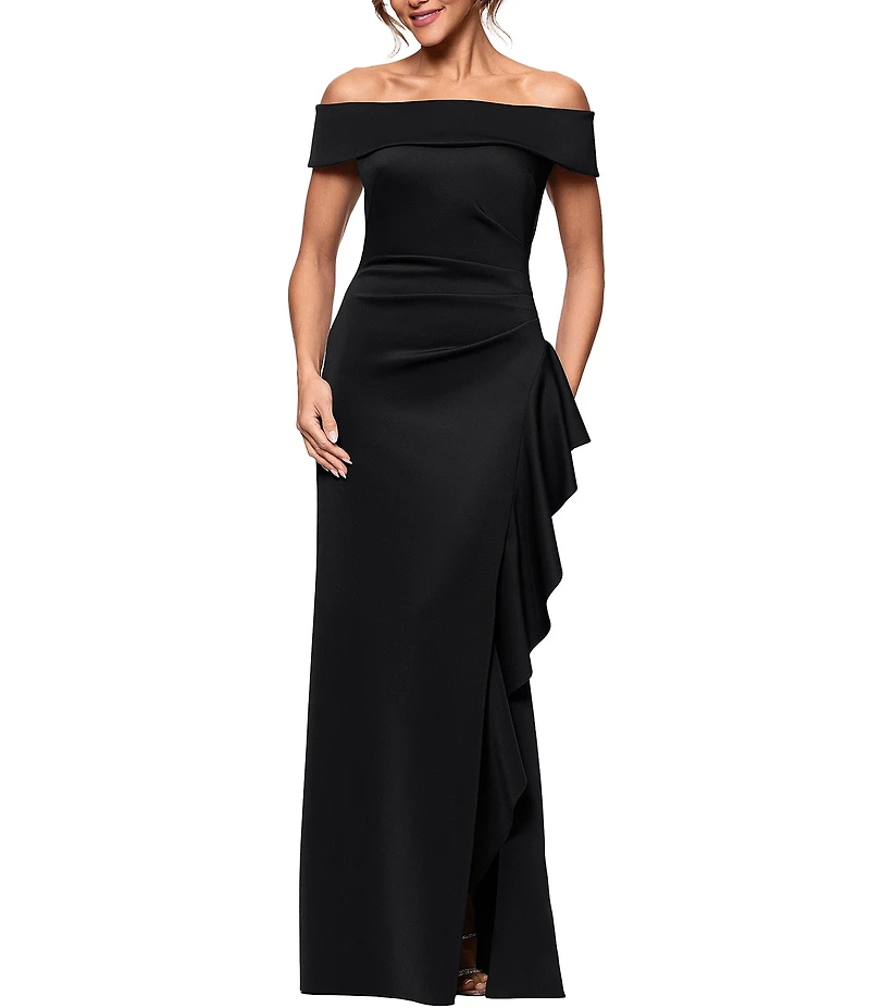 Xscape Petite Size Scuba Straight Neck Off The Shoulder Cascade Ruffle Gown