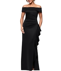 Xscape Petite Size Scuba Straight Neck Off The Shoulder Cascade Ruffle Gown