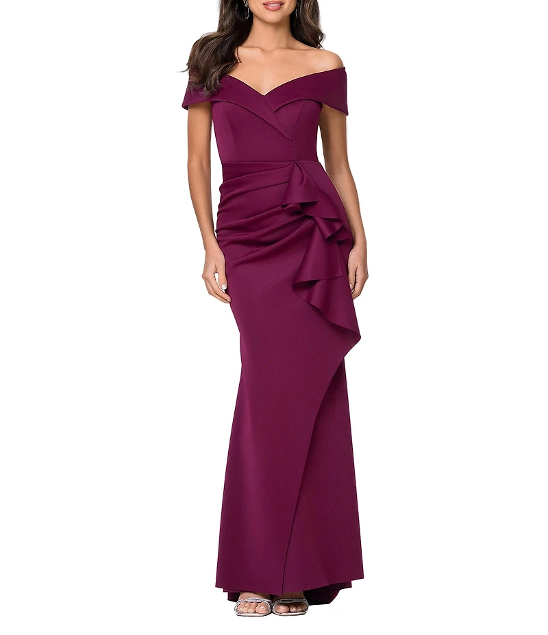 Xscape Petite Size Short Sleeve Off-The-Shoulder Sweetheart Neck Cascade Ruffle Scuba Gown