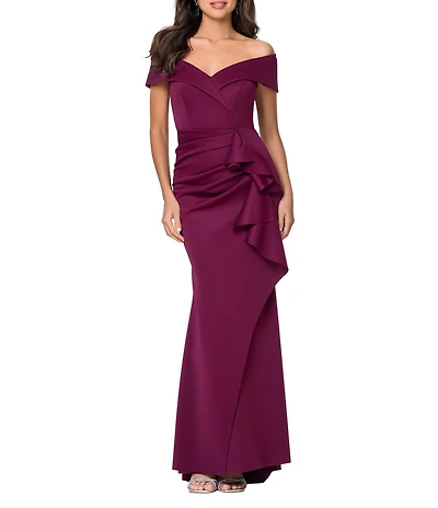 Xscape Petite Size Short Sleeve Off-The-Shoulder Sweetheart Neck Cascade Ruffle Scuba Gown