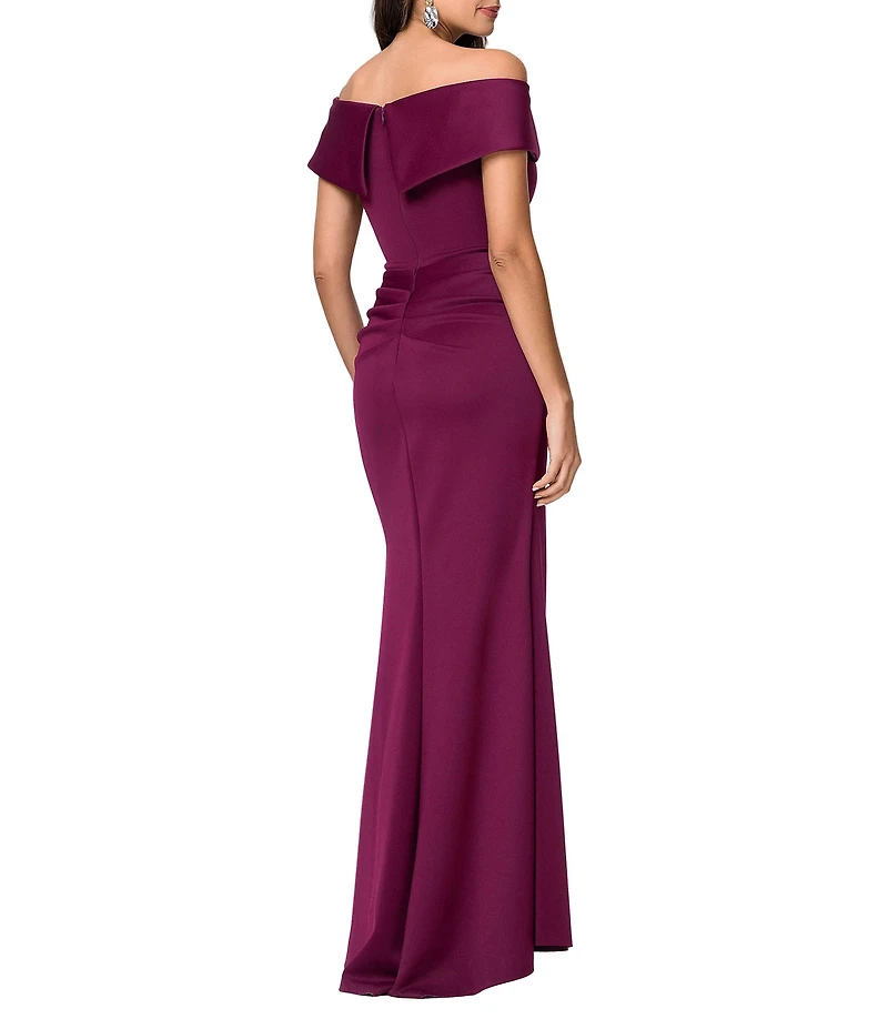 Xscape Petite Size Short Sleeve Off-The-Shoulder Sweetheart Neck Cascade Ruffle Scuba Gown