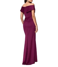 Xscape Petite Size Short Sleeve Off-The-Shoulder Sweetheart Neck Cascade Ruffle Scuba Gown
