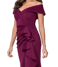Xscape Petite Size Short Sleeve Off-The-Shoulder Sweetheart Neck Cascade Ruffle Scuba Gown