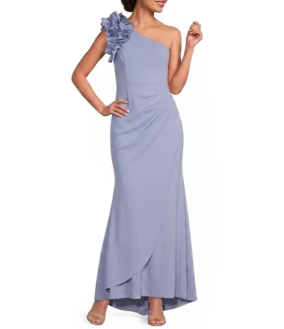 Xscape Petite Size Sleeveless Ruffled One Shoulder Scuba Crepe Sheath Long Gown