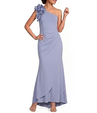 Xscape Petite Size Sleeveless Ruffled One Shoulder Scuba Crepe Sheath Long Gown