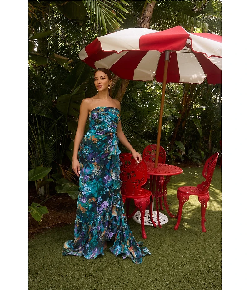 Xscape Petite Size Strapless Floral Print Ruffle Maxi Gown