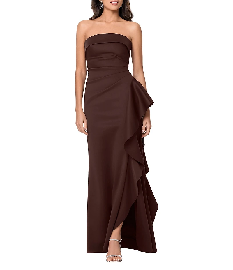 Xscape Petite Size Strapless Side Cascading Ruffle Long Sheath Dress