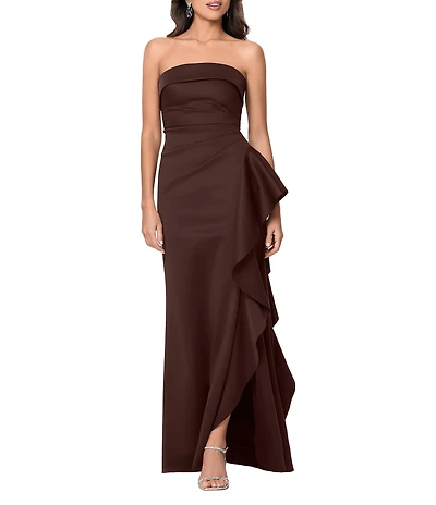 Xscape Petite Size Strapless Side Cascading Ruffle Long Sheath Dress