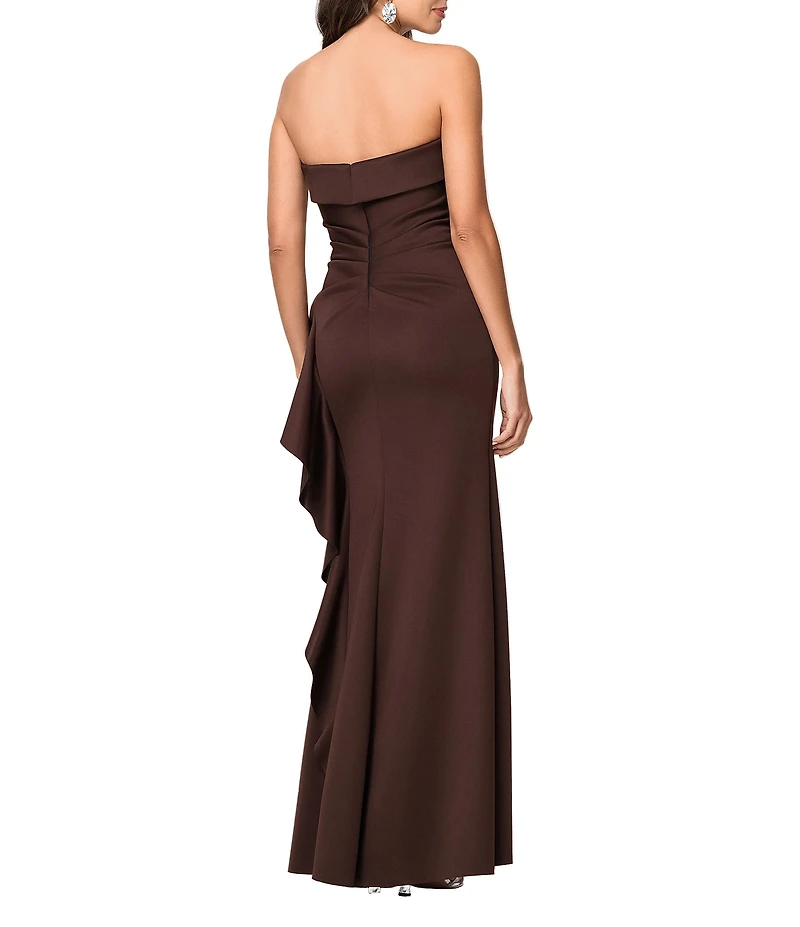 Xscape Petite Size Strapless Side Cascading Ruffle Long Sheath Dress