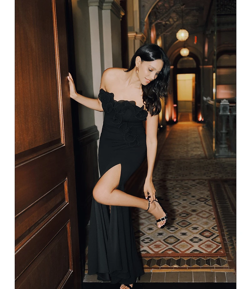 Xscape Petite Size Strapless Sweetheart Neck Ruffle Hem Long Dress
