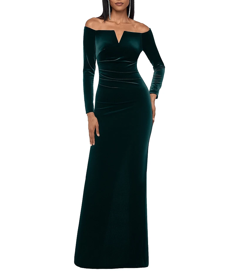 Xscape Petite Size Velvet Strapless Long Sleeves Ruched Gown
