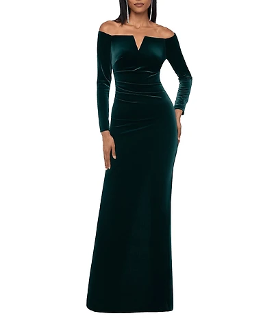 Xscape Petite Size Velvet Strapless Long Sleeves Ruched Gown