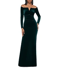 Xscape Petite Size Velvet Strapless Long Sleeves Ruched Gown