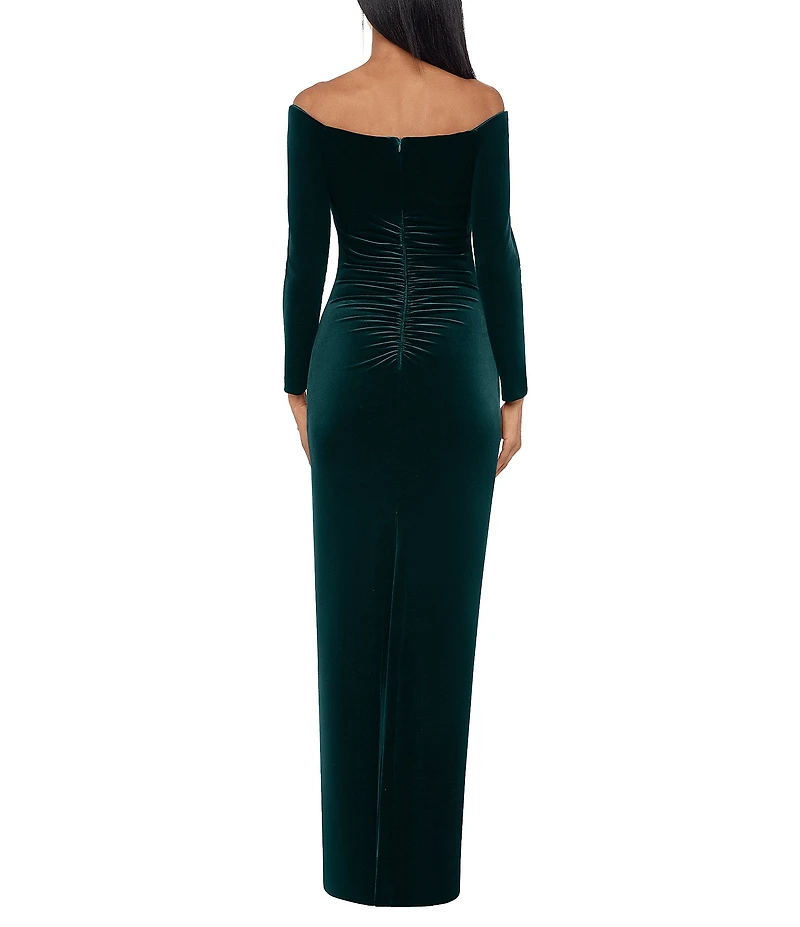 Xscape Petite Size Velvet Strapless Long Sleeves Ruched Gown