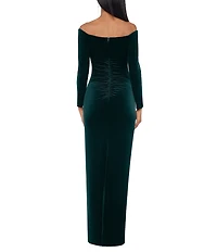 Xscape Petite Size Velvet Strapless Long Sleeves Ruched Gown