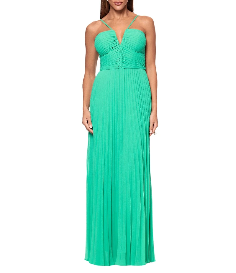 Xscape Pleated Chiffon Split V-Neck Sleeveless A-Line Gown