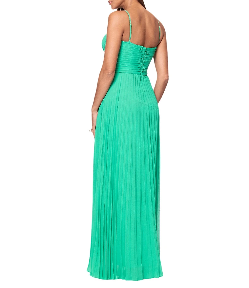 Xscape Pleated Chiffon Split V-Neck Sleeveless A-Line Gown