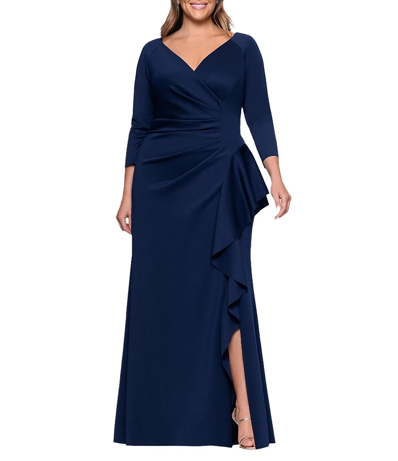 Xscape Plus Size 3/4 Sleeve Ruched Scuba Gown