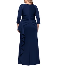 Xscape Plus Size 3/4 Sleeve Ruched Scuba Gown